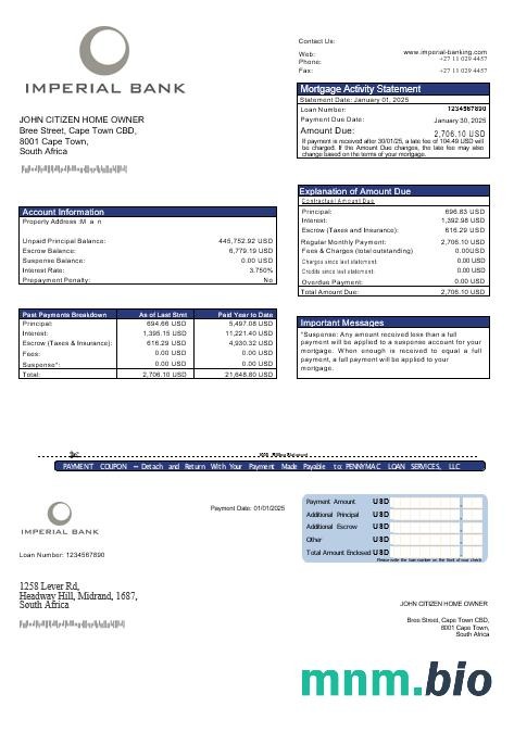 Południowa Afryka Imperial Bank wyciąg z kredytu hipotecznego w formatach Word i PDF